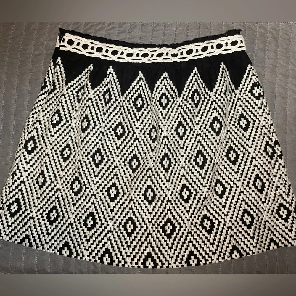 Free‎ People Jacquard Argyle Embroidered Linen Blend d Skirt size 12 Black/Cream